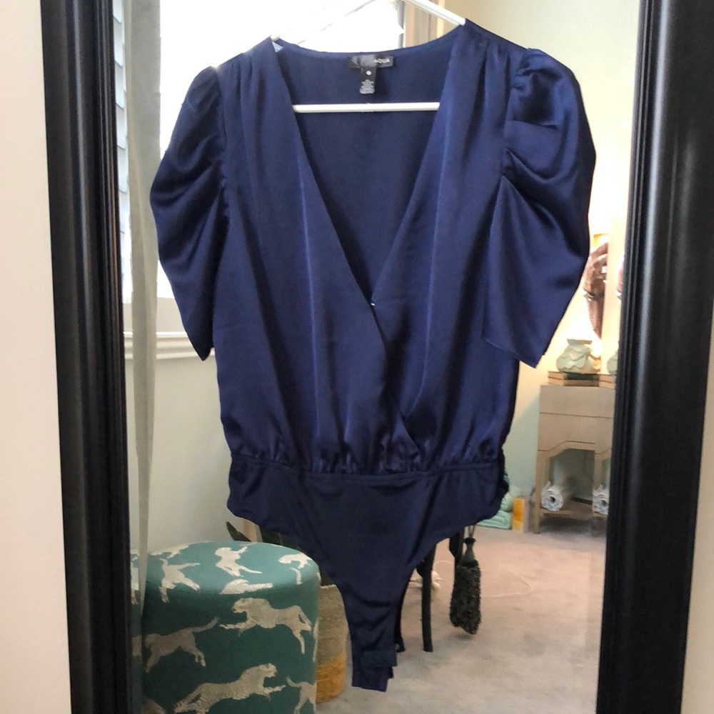 Navy satin aqua bodysuit NWOT small